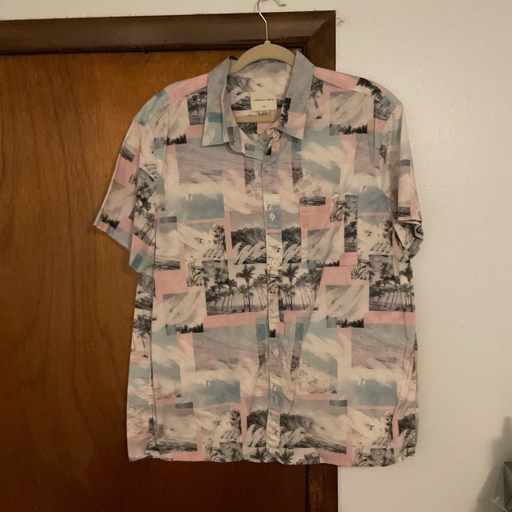 Men's American Eagle Tropical Print Shirt - Pink and Blue